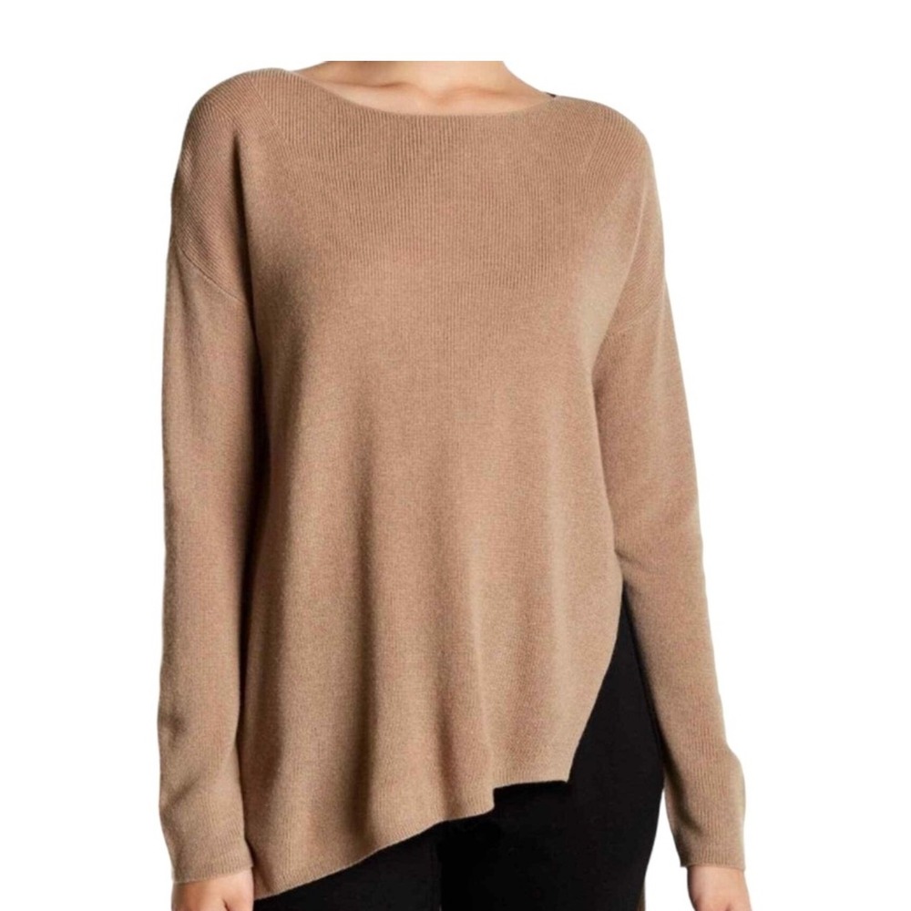 Eileen Fisher 100% Merino Wool Sweater Tan Brown Tunic Boat Neck Asymmetric Sz L
